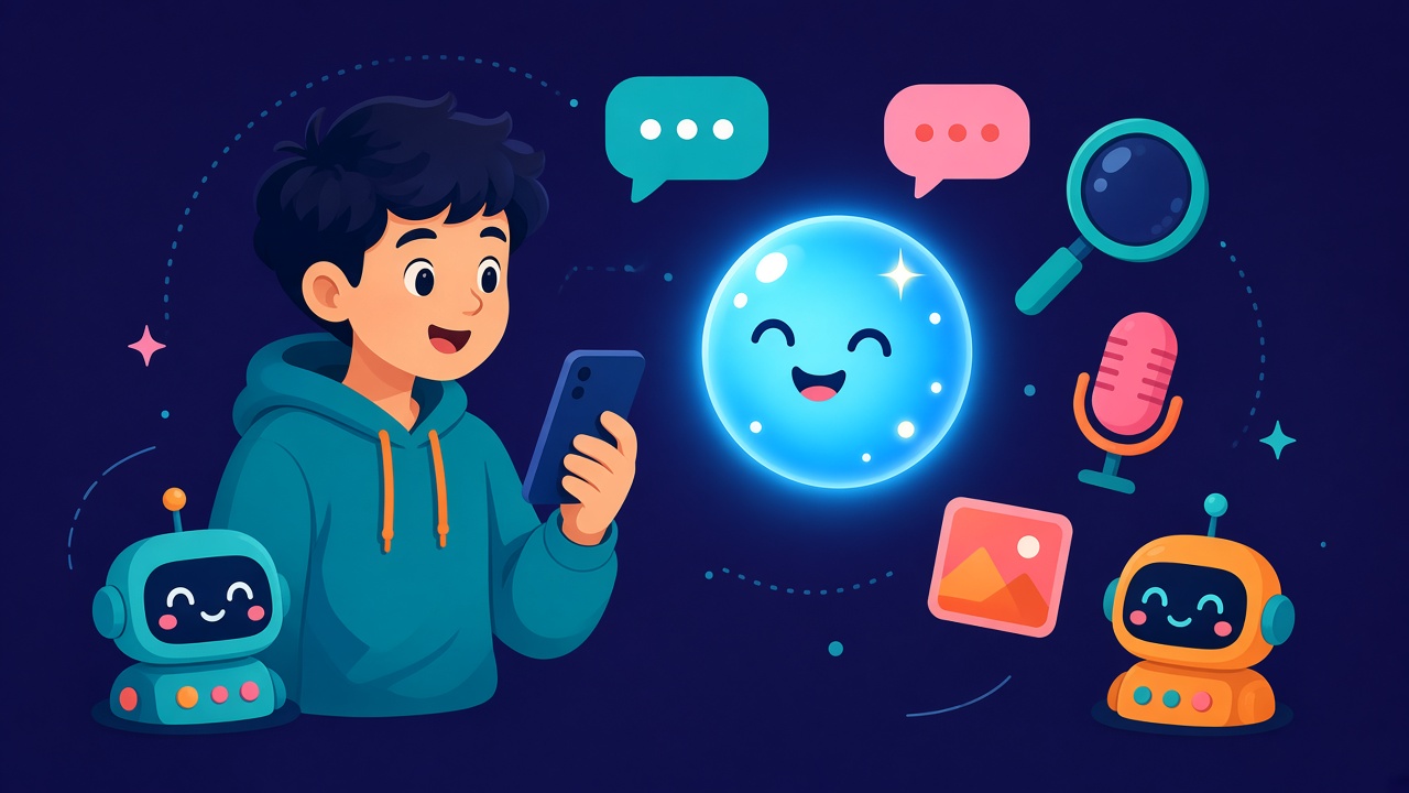 Illusztráció: egy ember a telefonján egy AI-asszisztenssel beszélget