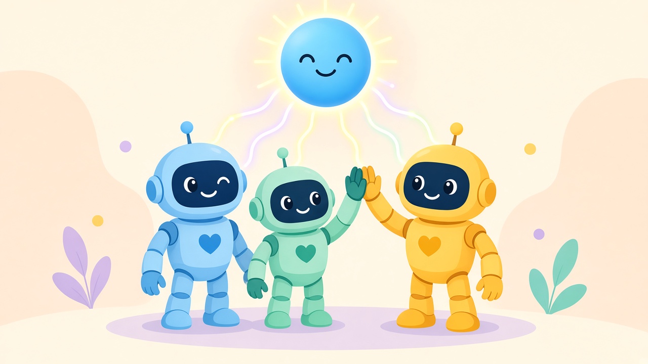Illusztráció: a kék AI-gömb vonalakkal kapcsolódik három robotfigurához