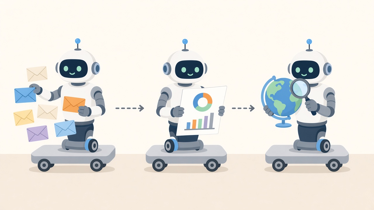 Illusztráció: három robotfigura dolgozik, az egyik leveleket rendez, a másik riportot készít, a harmadik nagyítóval kutat